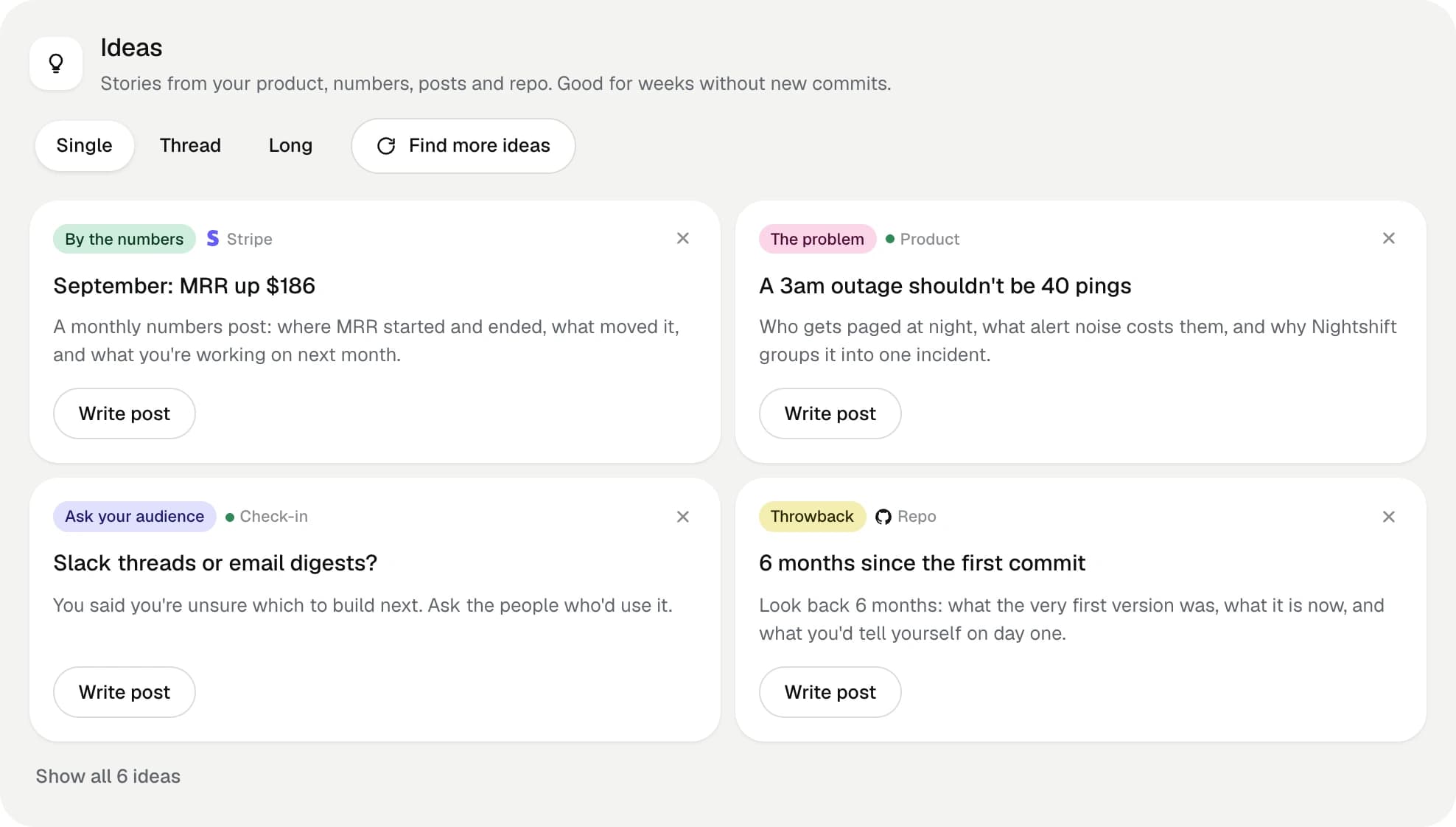 Post ideas from Stripe, the product, a check-in and the repo