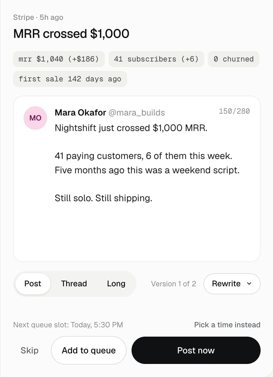 A draft written from a Stripe milestone, with its numbers, versions and Post now